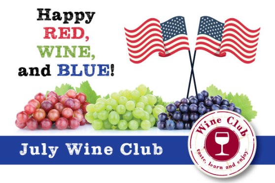 July Wine Club with red grapes, white grapes and blue grapes and American Flag