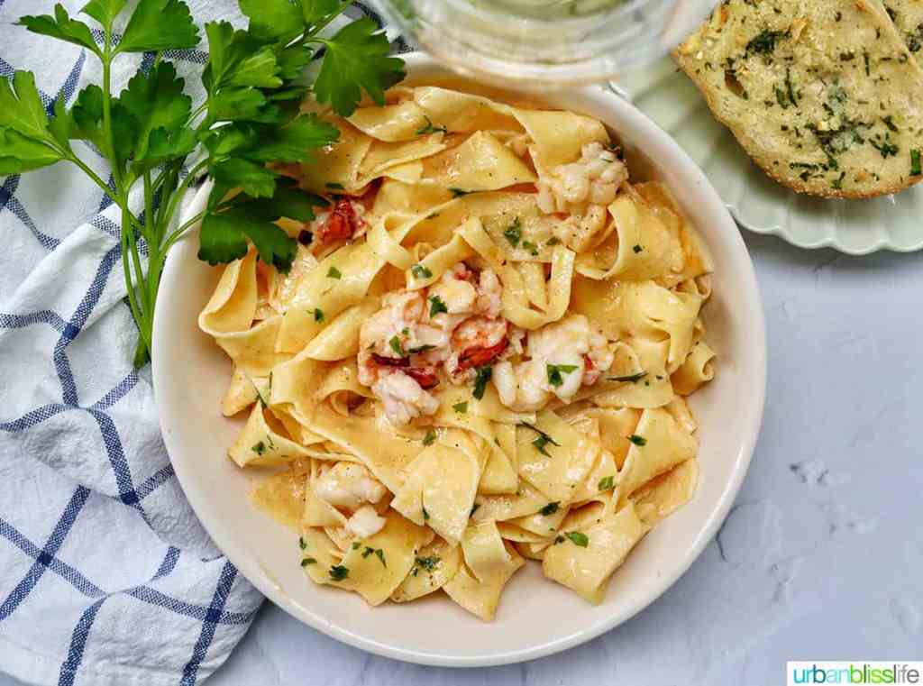 Lobster-Pasta-white-wine-garlic-bread