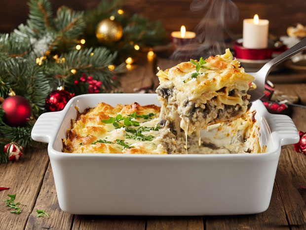 mushroom lasagna at holiday table