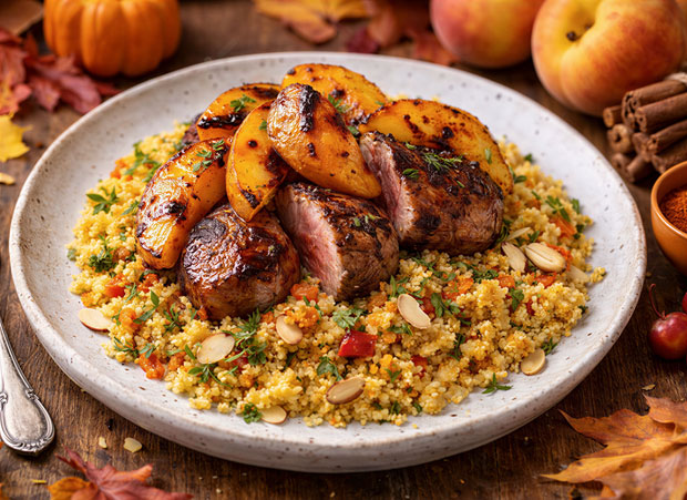 Pork grilled peaches with herb couscous dish