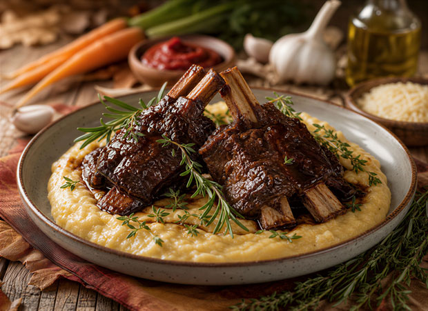 Glazed short ribs with polenta dish
